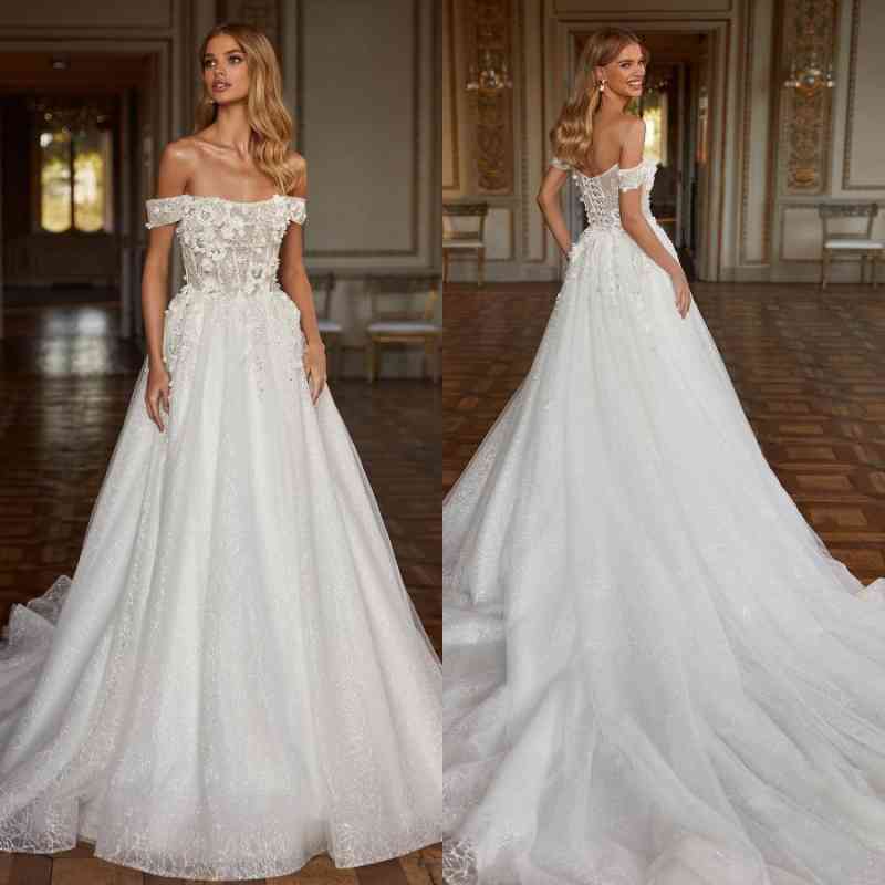 Off-the-Shoulder White Wedding Dress Lace-up Shiny With Appliques