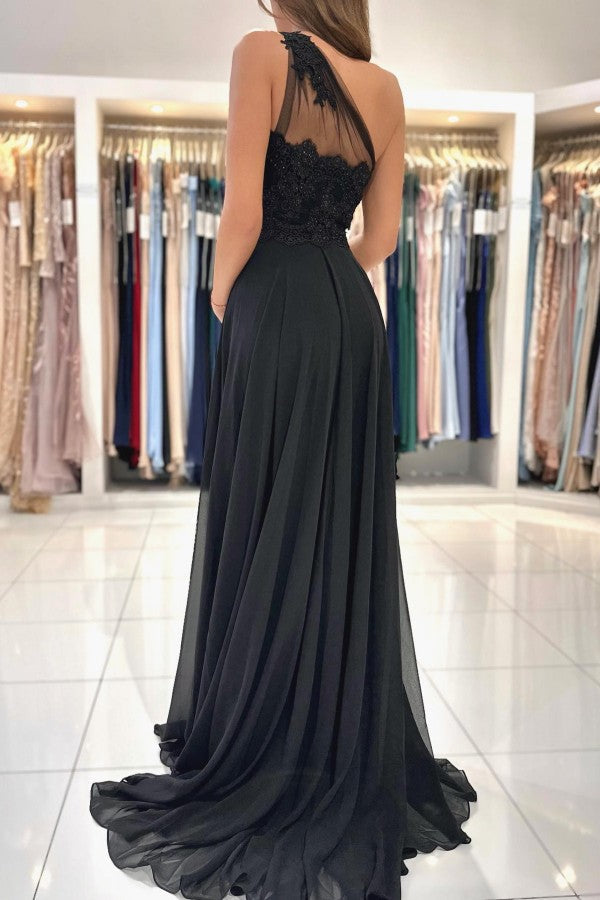 One Shoulder Black Prom Dress A-Line With Lace