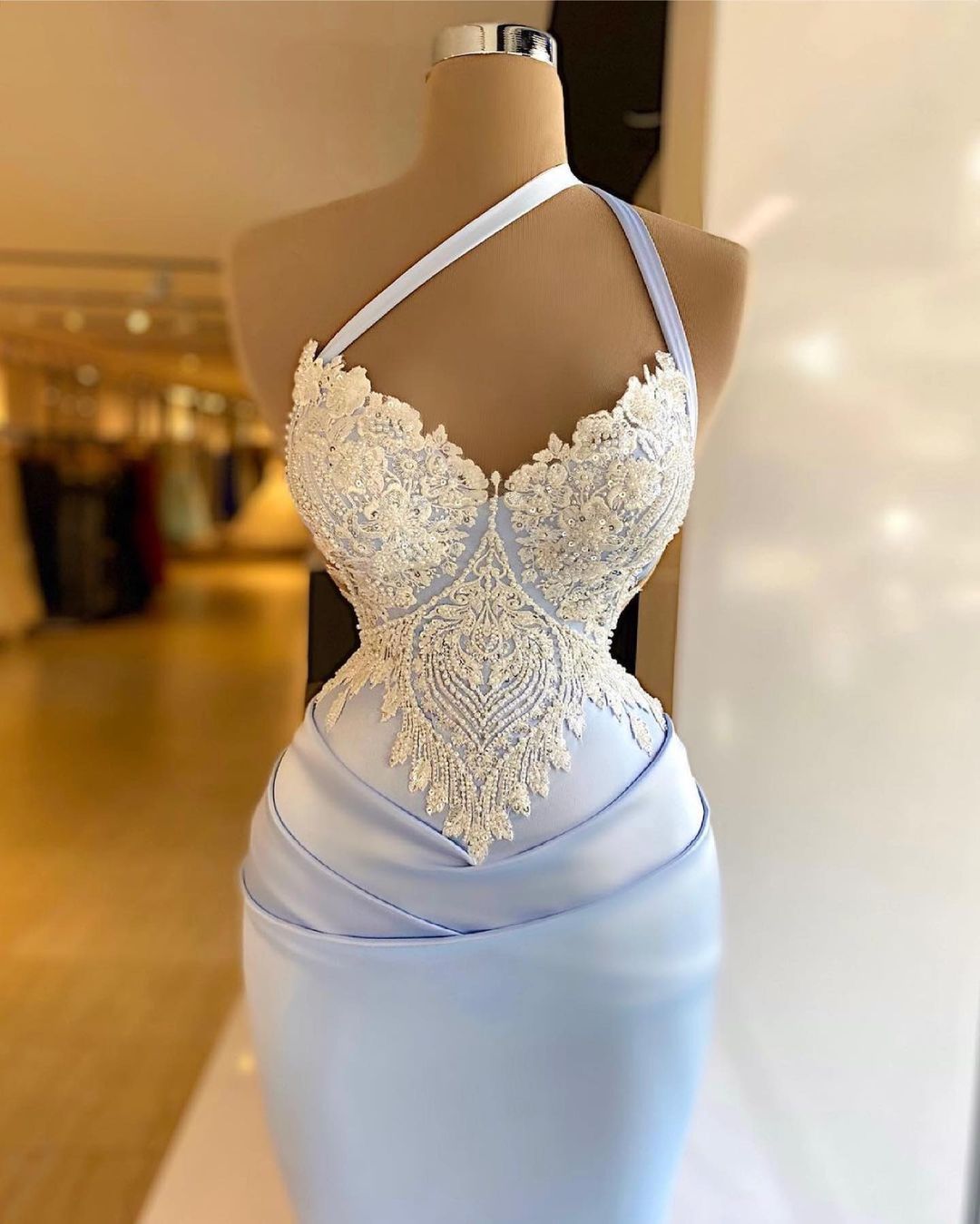 One Shoulder Lace Mermaid Prom Dress Sky Blue