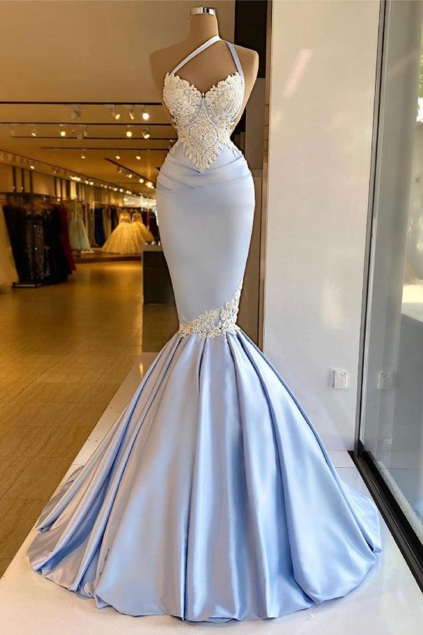 One Shoulder Lace Mermaid Prom Dress Sky Blue