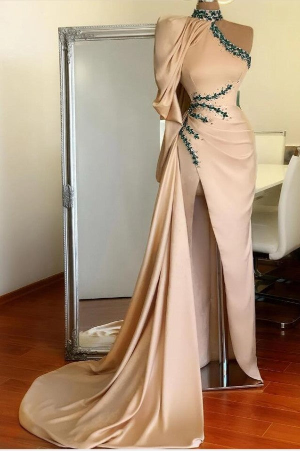 One Shoulder Long Sleeves Beads Prom Dress WIth Slit