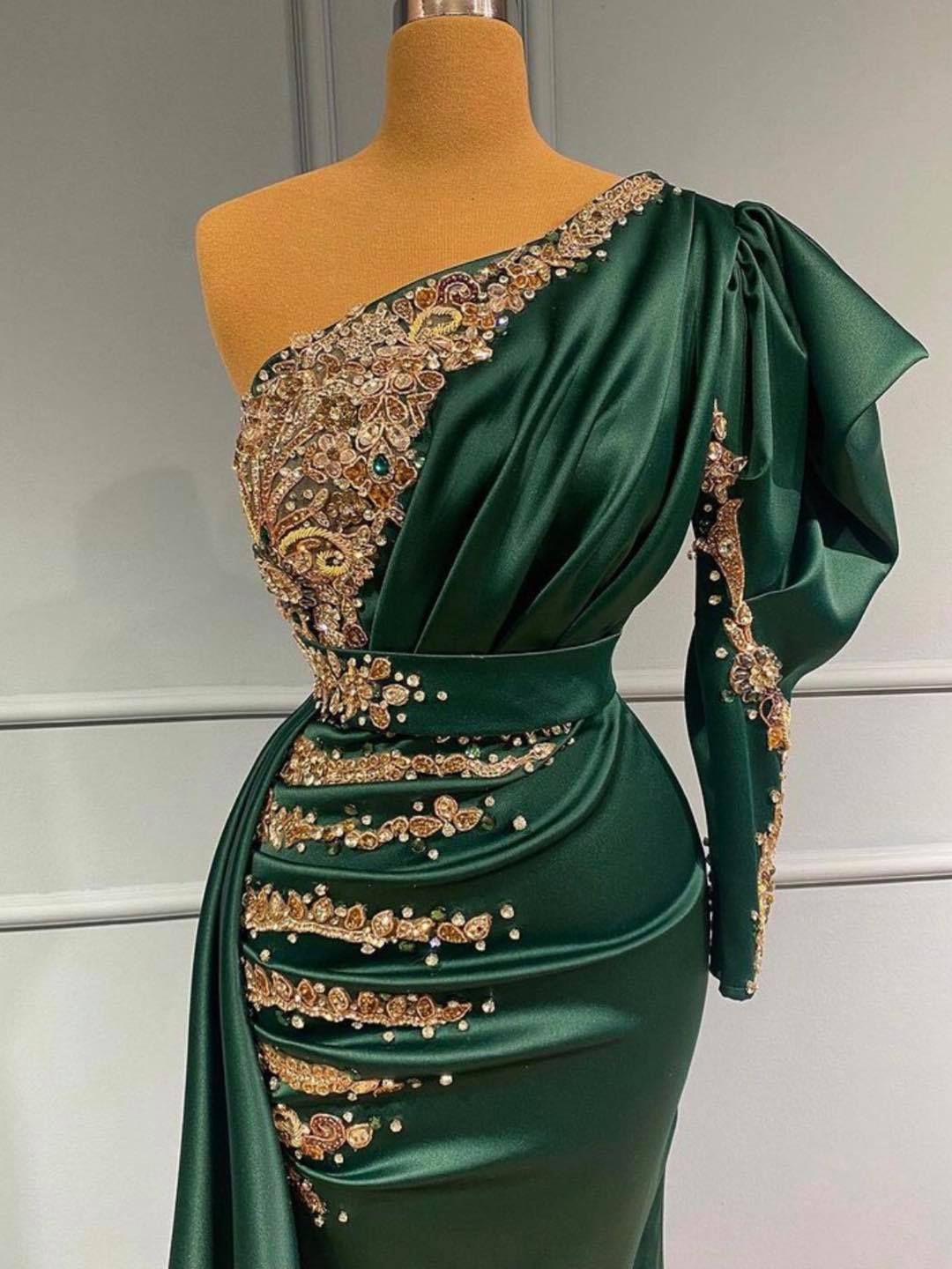 One Shoulder Long Sleeves Dark Green Prom Dress With Beadings