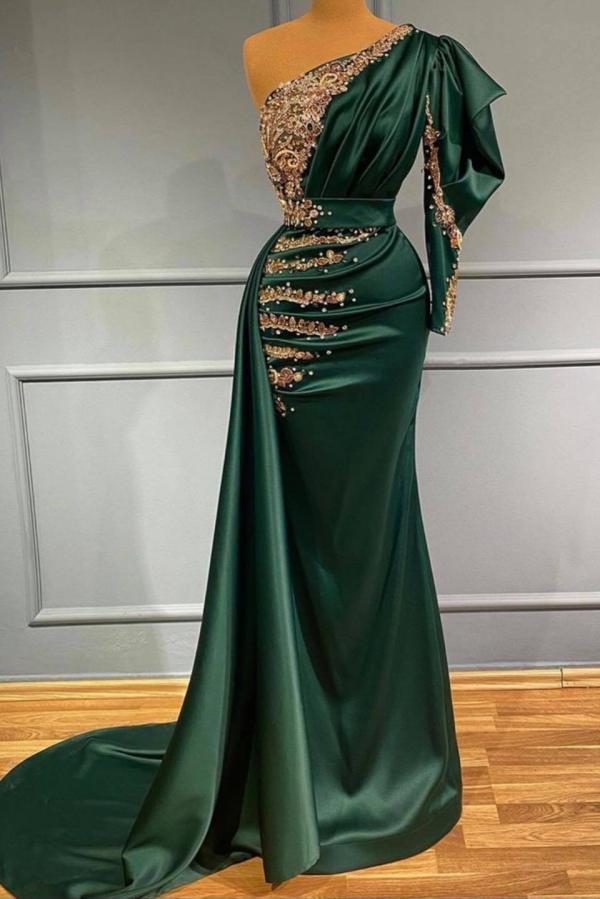 One Shoulder Long Sleeves Dark Green Prom Dress With Beadings