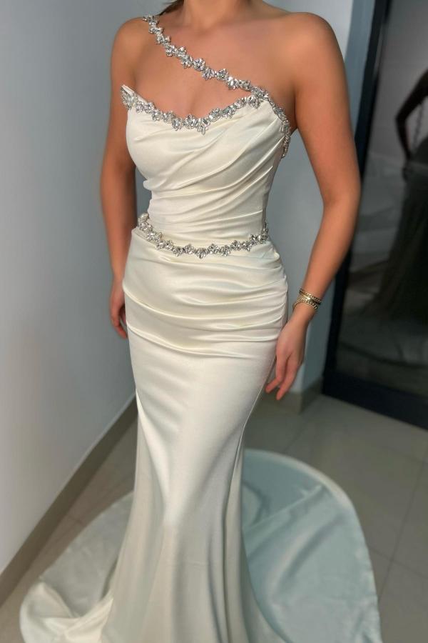 One Shoulder Mermaid Evening Dress Sleeveless With Crystal