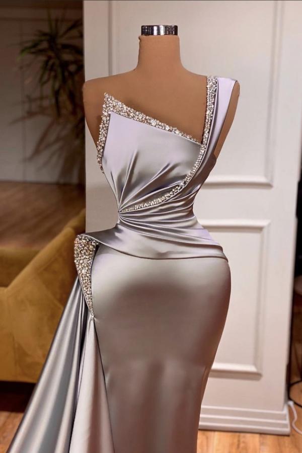 One Shoulder Mermaid Prom Dress Long Slit With Pearls