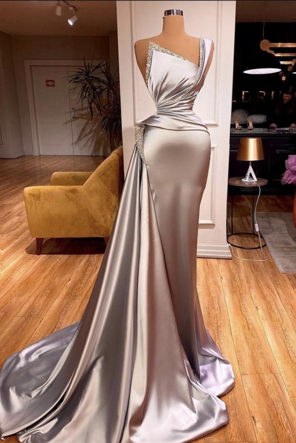 One Shoulder Mermaid Prom Dress Long Slit With Pearls