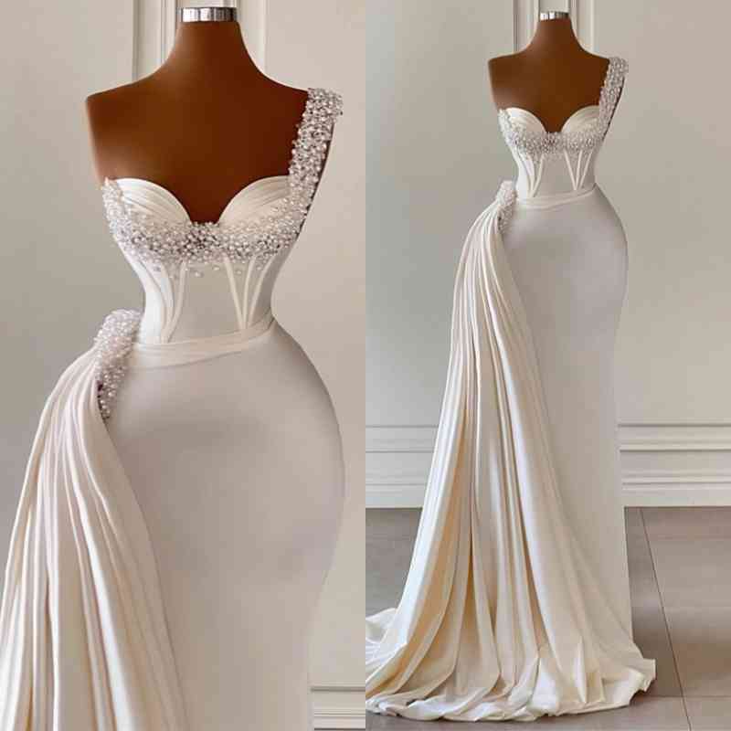 One Shoulder Mermaid Prom Dress Long With Pearls