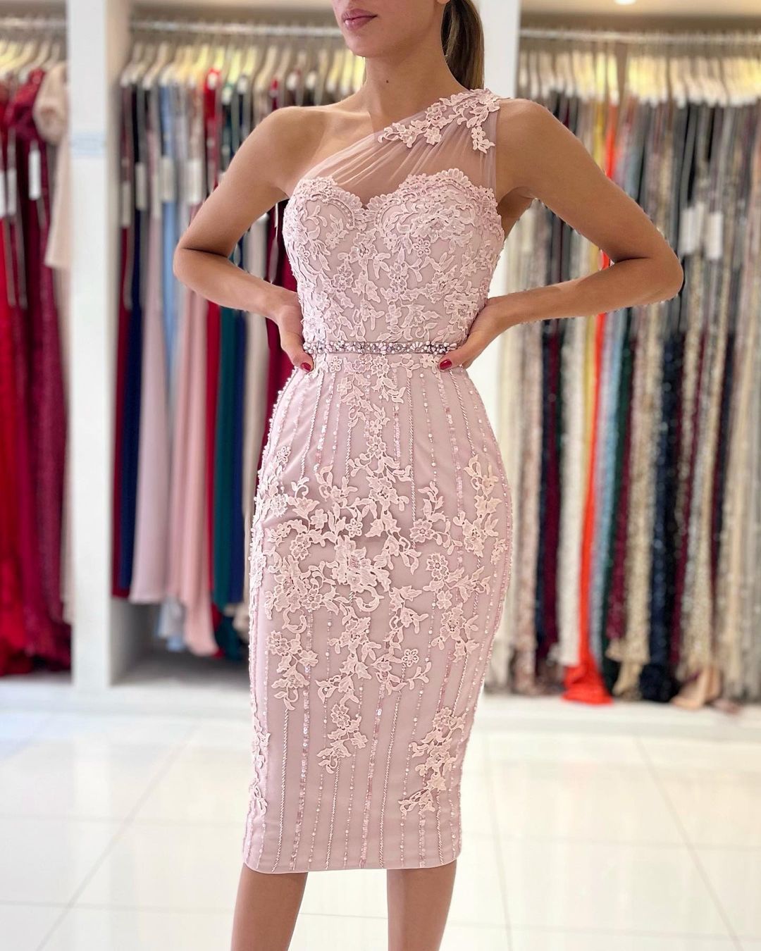 One Shoulder Pink Lace Prom Dress Knee-Length