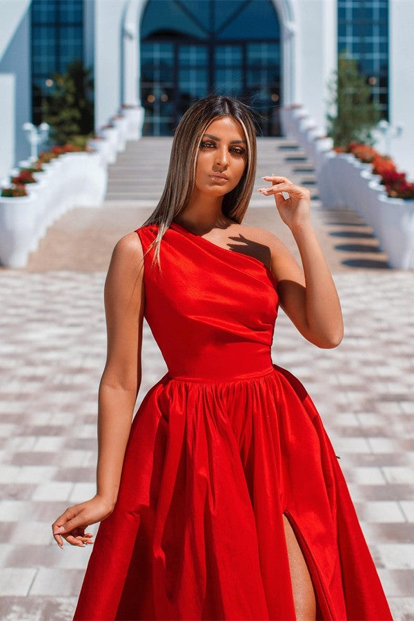 One Shoulder Red Prom Dress Slit Long On Sale