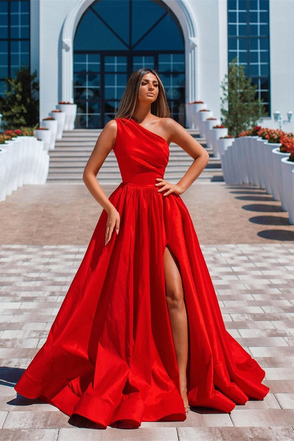 One Shoulder Red Prom Dress Slit Long On Sale