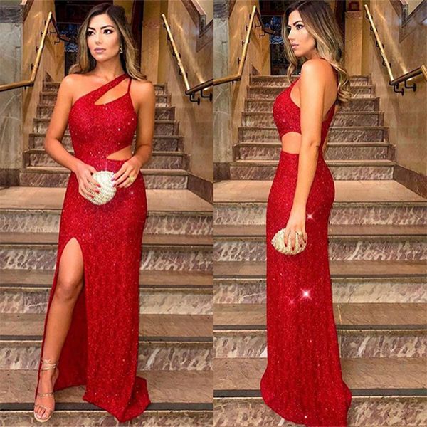 One Shoulder Red Sequins Prom Dress Mermaid With Slit