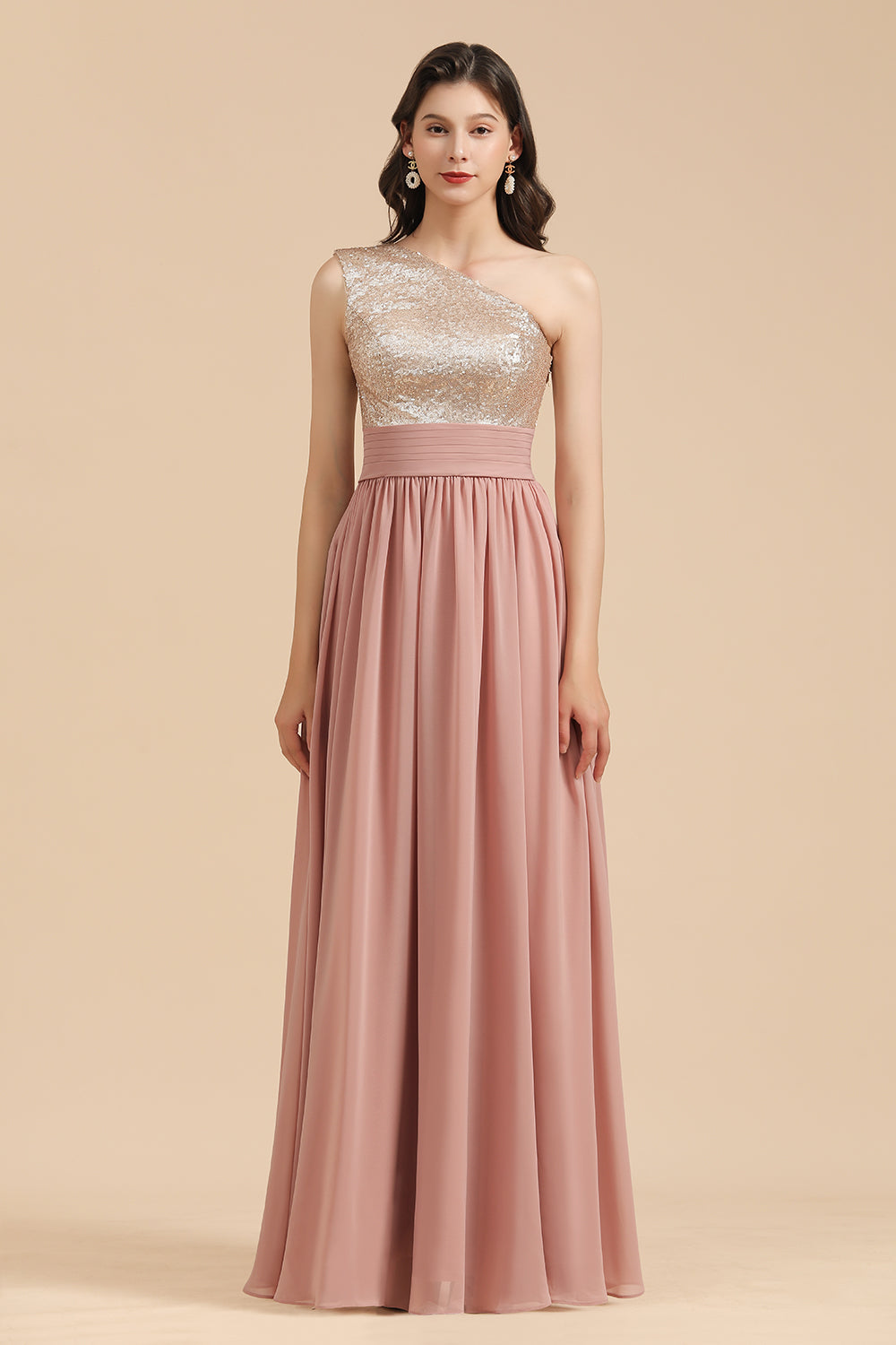 One Shoulder Sequins Dusty Rose Bridesmaid Dresses