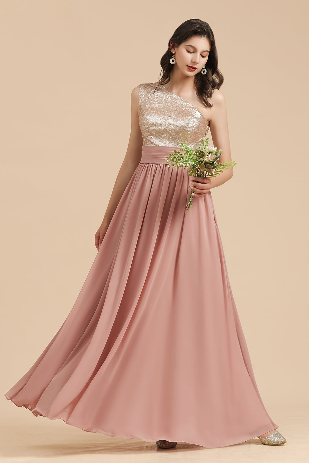 One Shoulder Sequins Dusty Rose Bridesmaid Dresses