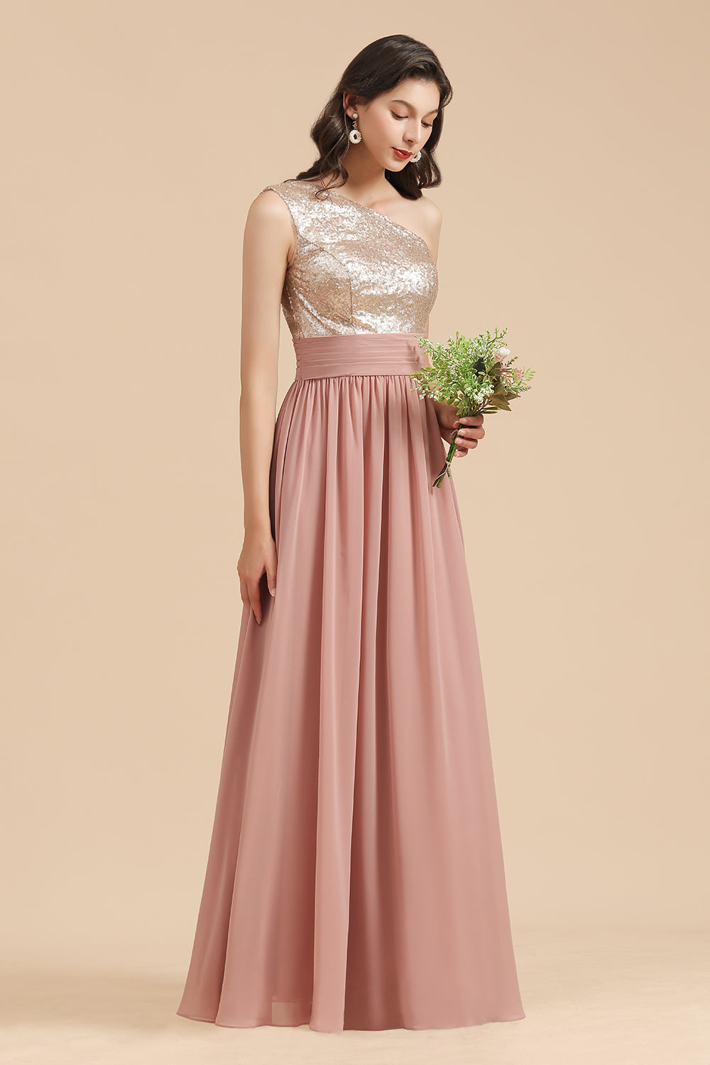 One Shoulder Sequins Dusty Rose Bridesmaid Dresses