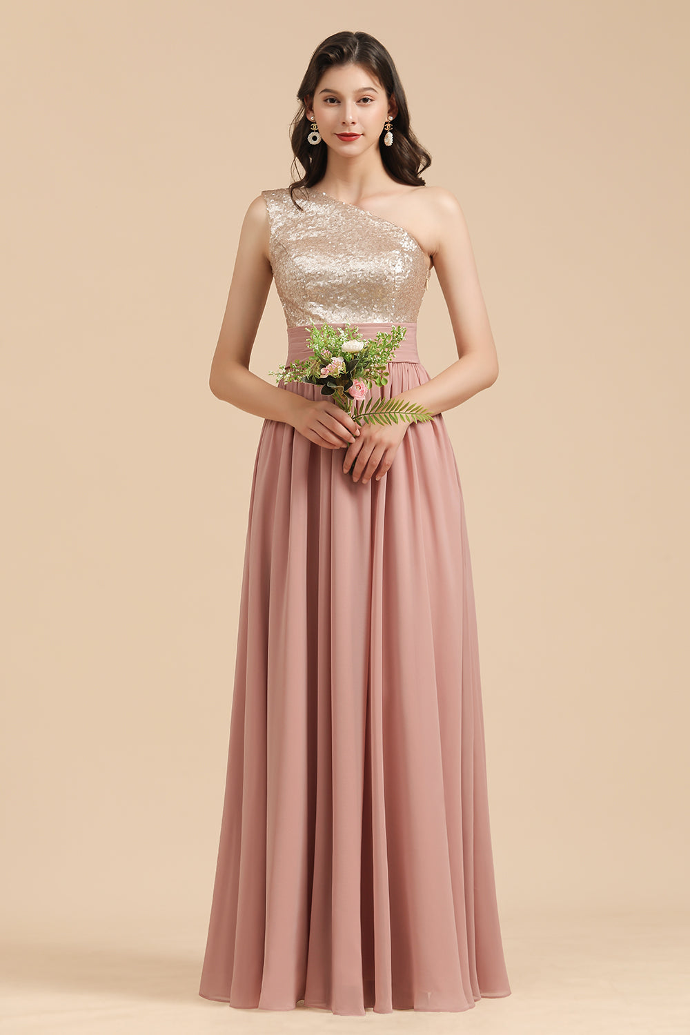 One Shoulder Sequins Dusty Rose Bridesmaid Dresses