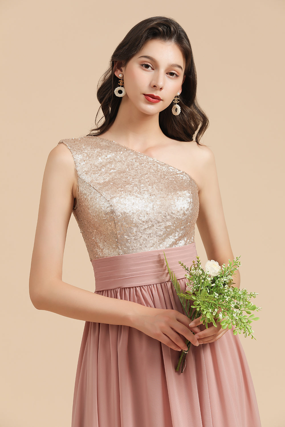 One Shoulder Sequins Dusty Rose Bridesmaid Dresses