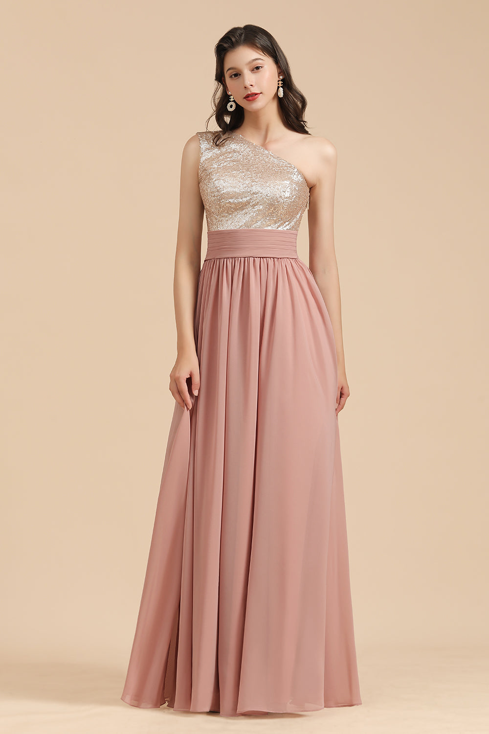 One Shoulder Sequins Dusty Rose Bridesmaid Dresses