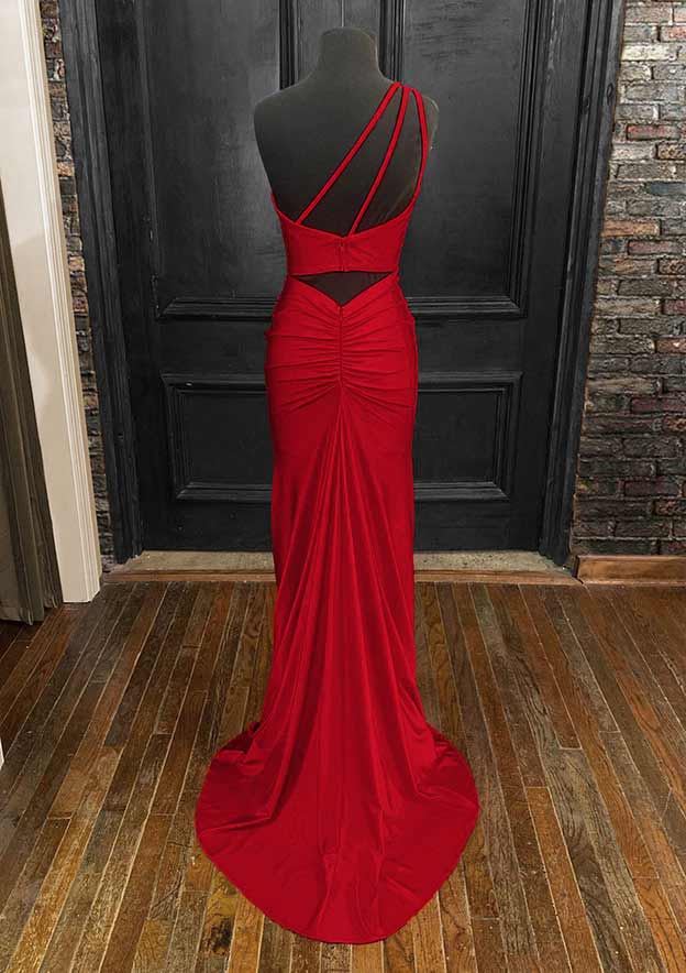 One-Shoulder Sleeveless Prom Dress/Evening Dress - Sheath/Column Jersey Long/Floor-Length with Pleated Split