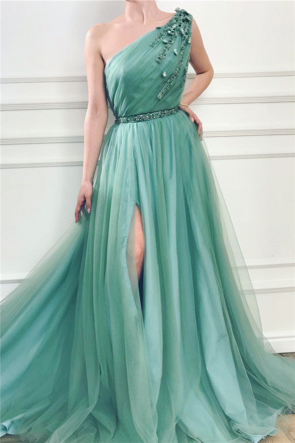 One Shoulder Split Prom Dress Long With Applique