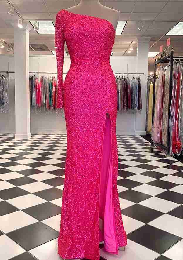 One-Shoulder Velvet Sequins Long/Floor-Length Prom Dress/Evening Dress With Split