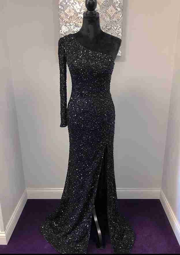 One-Shoulder Velvet Sequins Long/Floor-Length Prom Dress/Evening Dress With Split