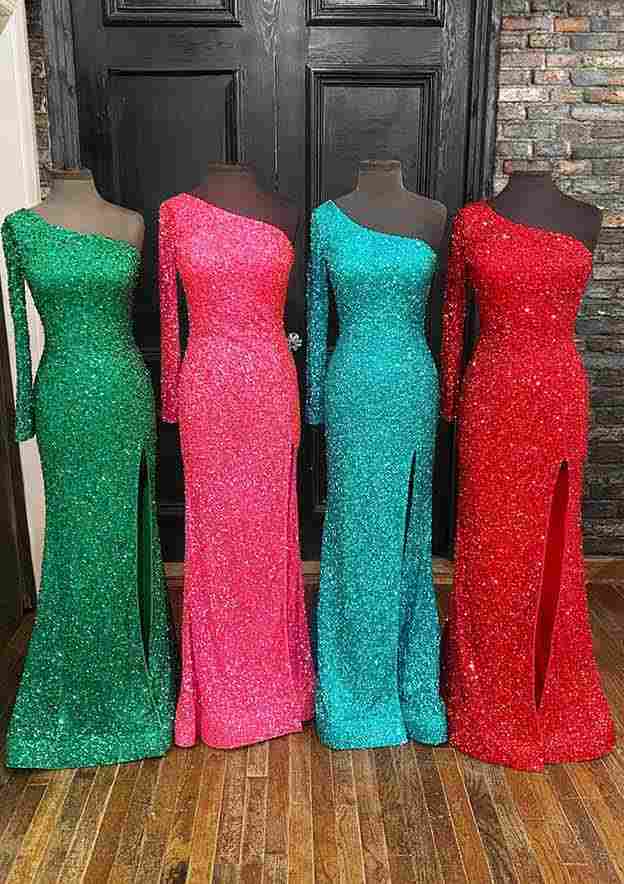 One-Shoulder Velvet Sequins Long/Floor-Length Prom Dress/Evening Dress With Split