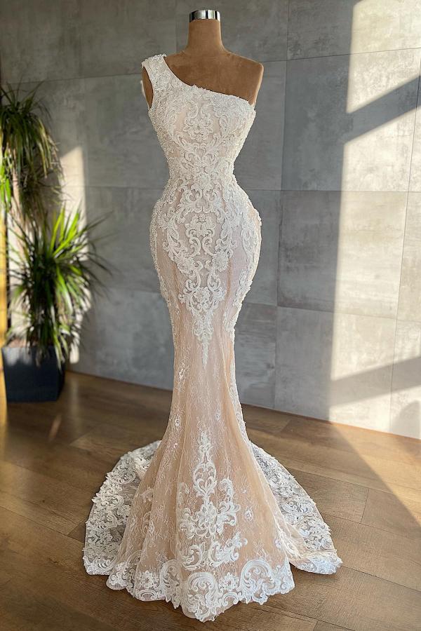 One Shoulder Wedding Dress Mermaid Lace Champagne Bridal Gown