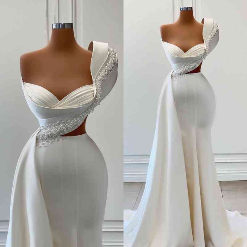 One Shoulder White Mermaid Prom Dress Long With Pearls