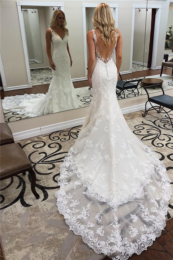 Open Back Mermaid Lace Wedding Dress Sleeveless