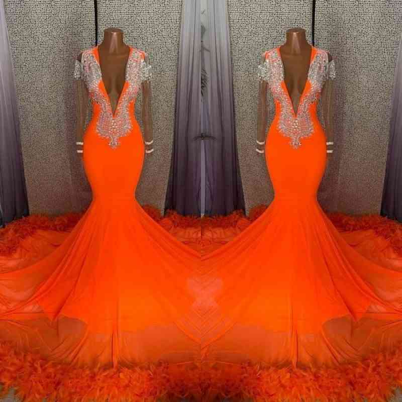 Orange Deep V-Neck Prom Dress Long Sleeves Mermaid With Feather