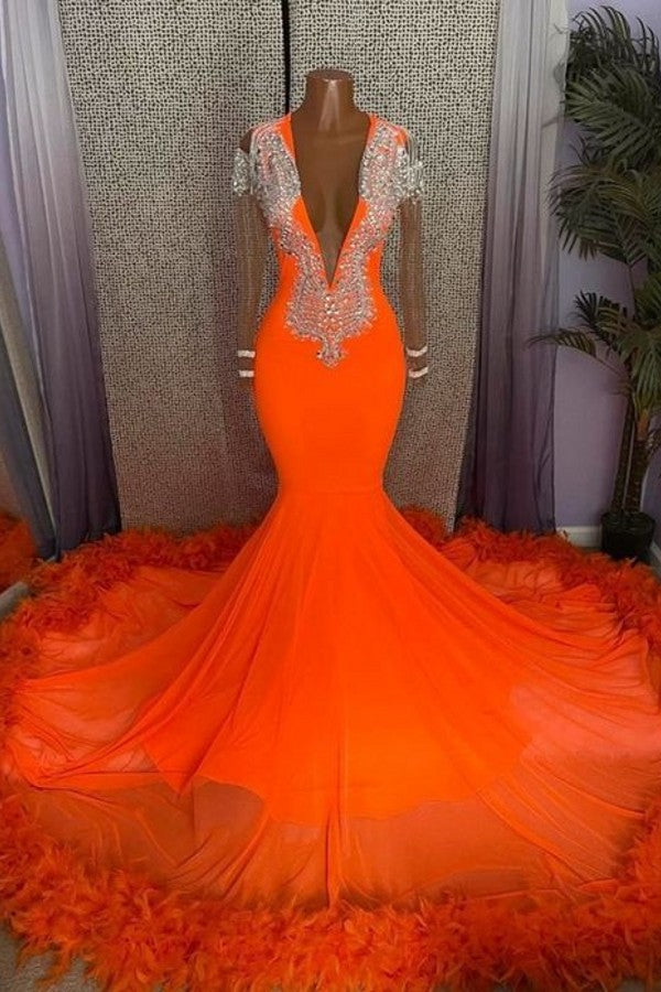 Orange Deep V-Neck Prom Dress Long Sleeves Mermaid With Feather