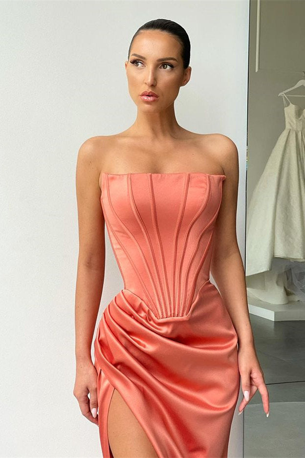 Orange High-split Strapless Pleats Prom Dress with court train