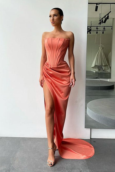 Orange High-split Strapless Pleats Prom Dress with court train