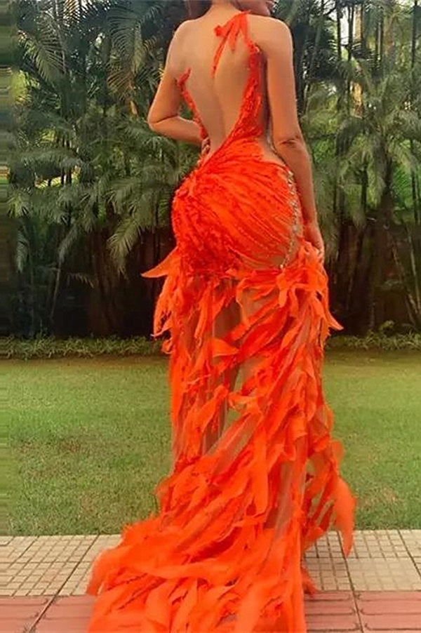 Orange Prom Dress Mermaid Tulle High-Lo Long