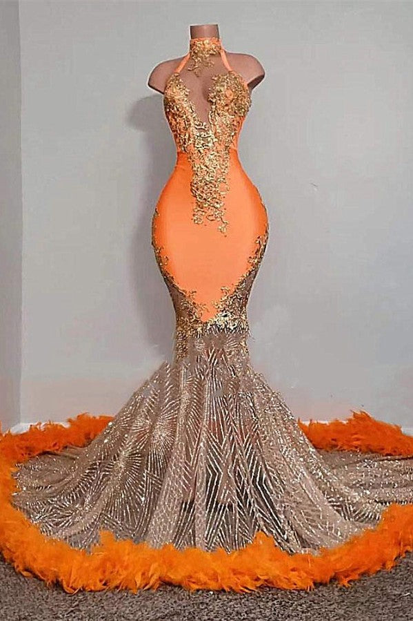 Orange Sleeveless Prom Dress Mermaid Long Sheer With Feather