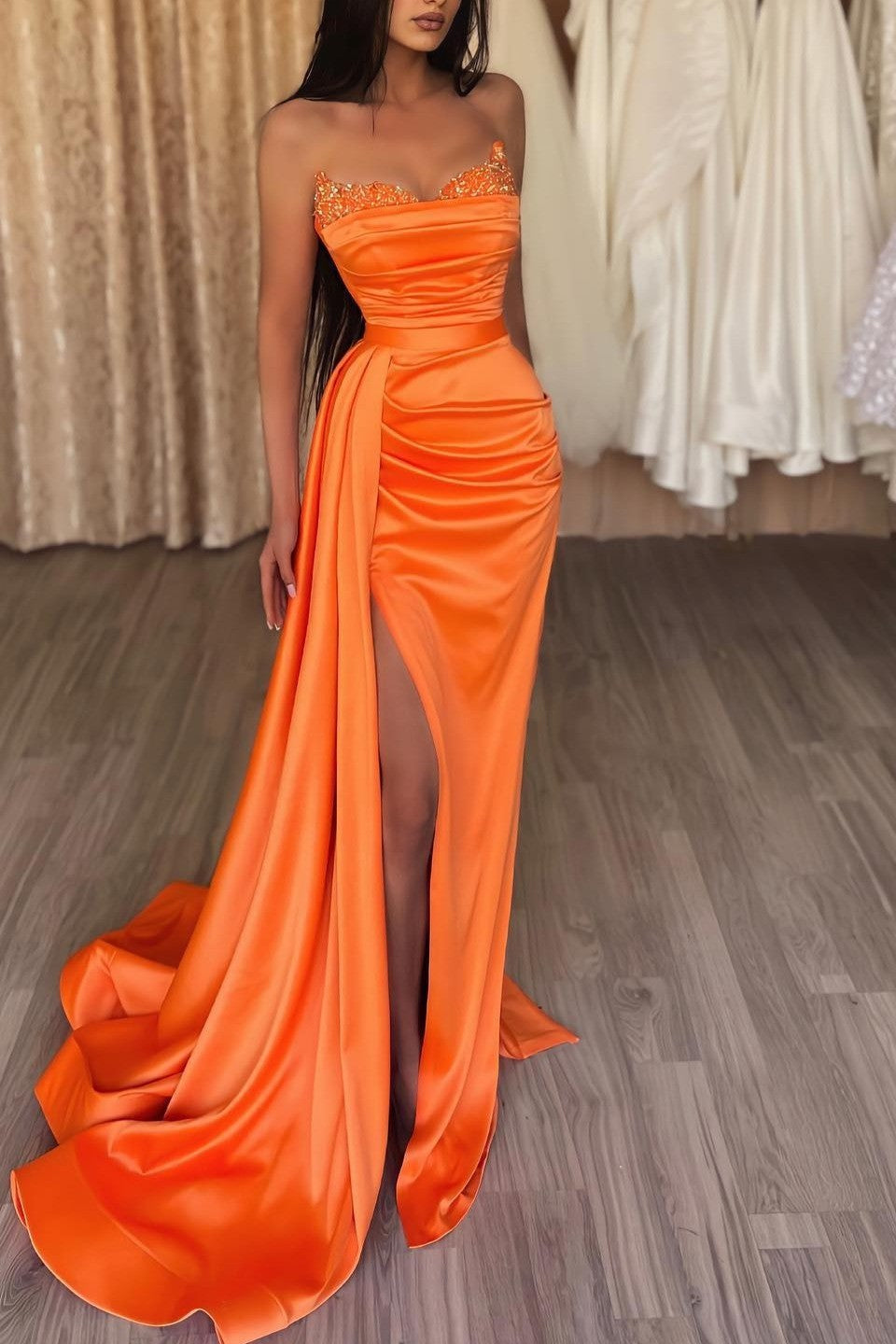 Orange Sweetheart Mermaid Prom Dress Long Slit Ruffles With Sequins