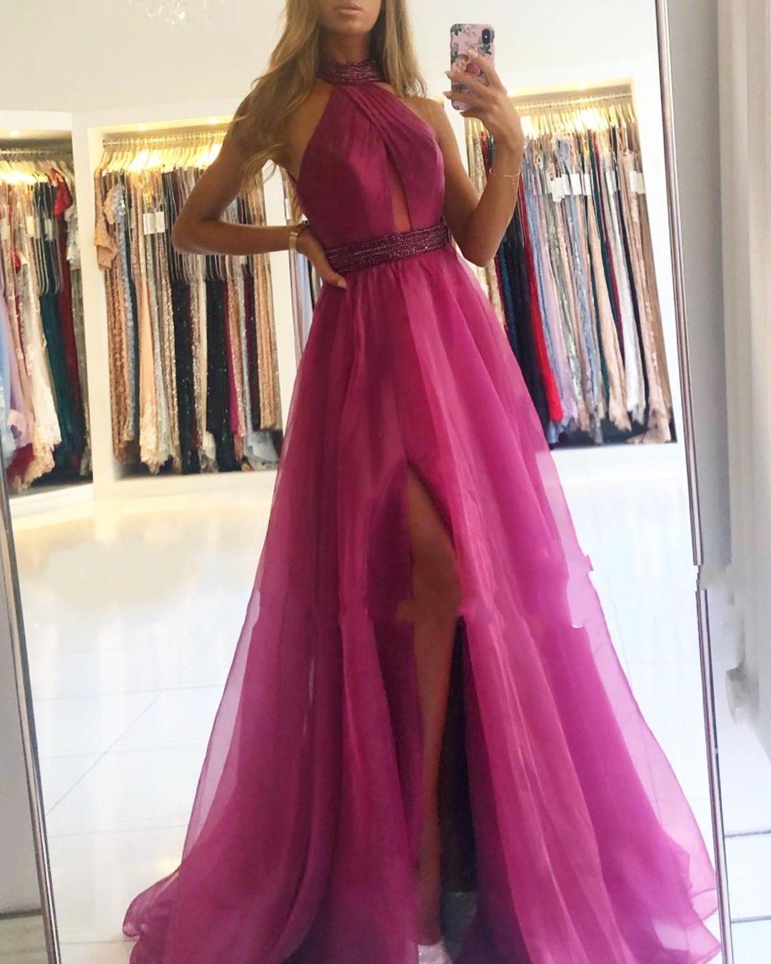 Orchid Halter Long Prom Dress Tulle With Split