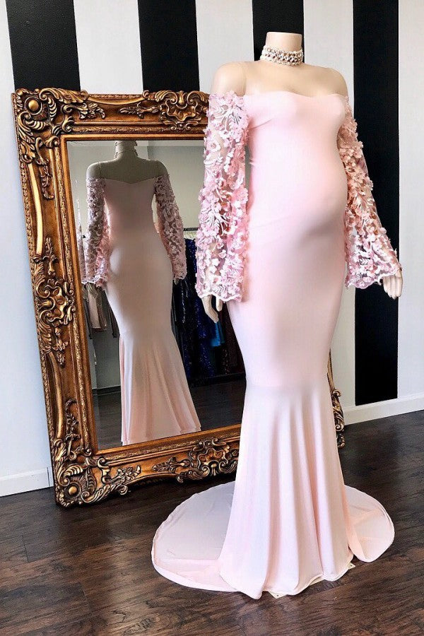 Pink Floral Long Sleevess Mermaid Floor Length Pregnant Formal Dresses