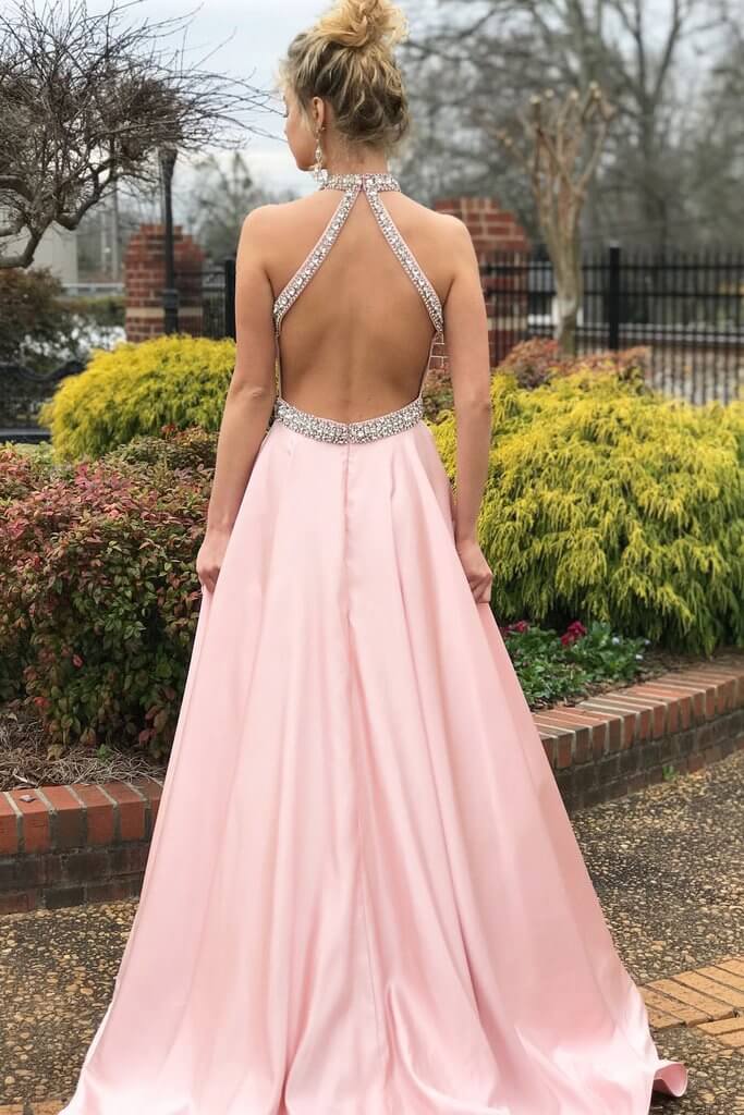 Pink Halter Sleeveless Prom Dress Long With Crystals