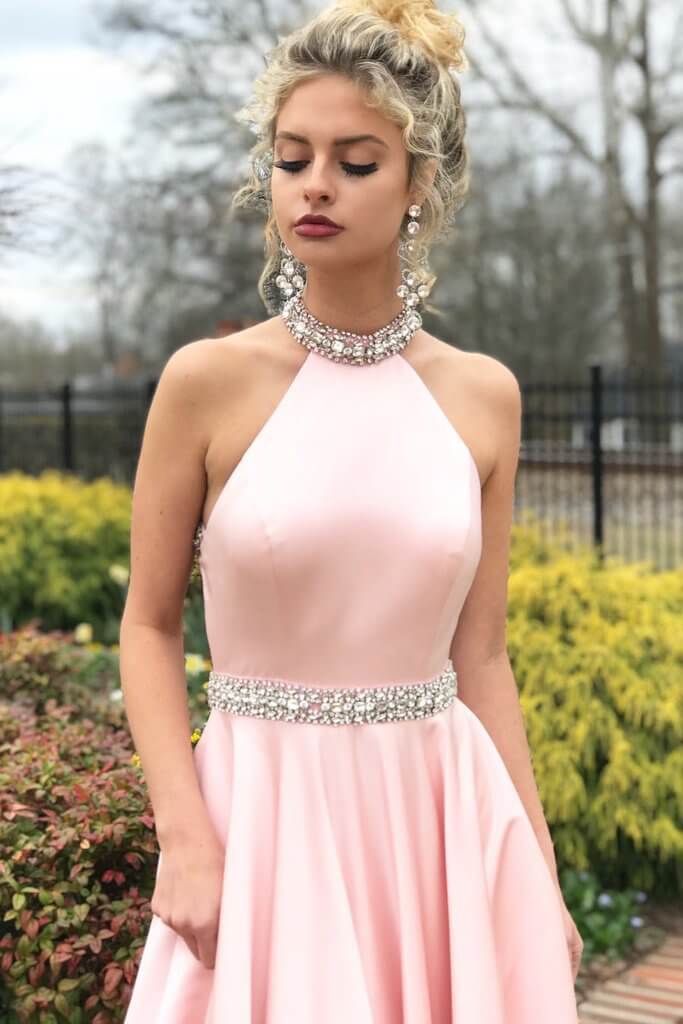 Pink Halter Sleeveless Prom Dress Long With Crystals