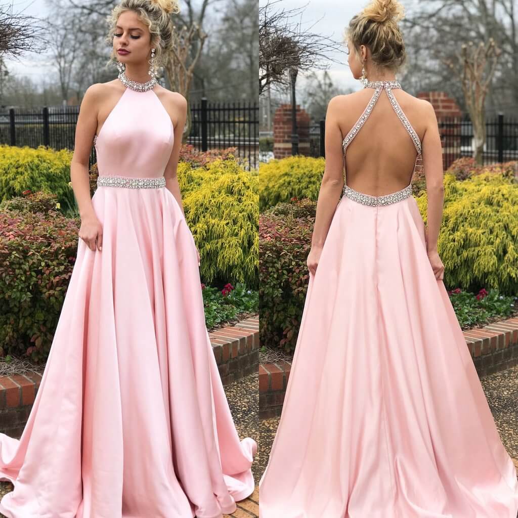 Pink Halter Sleeveless Prom Dress Long With Crystals