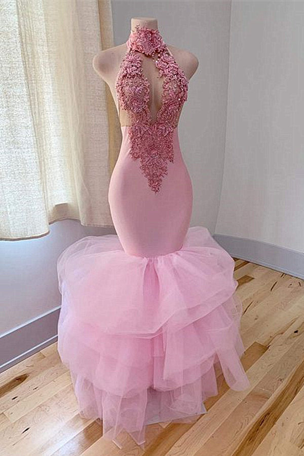 Pink High Neck Prom Dress Mermaid Sleeveless With Appliques