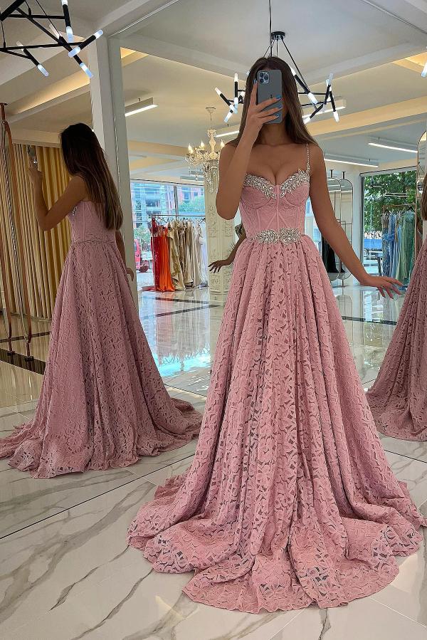 Pink Lace A-Line Prom Dress Sleeveless With Beads