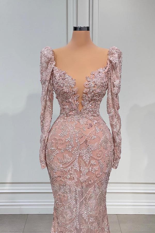 Pink Long Sleeves Evening Dress Mermaid With Lace Beadings