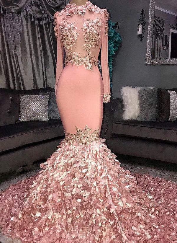 Pink Long Sleeves Mermaid Prom Dress With Appliques