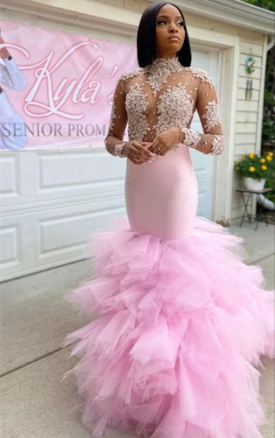 Pink Long Sleeves Prom Dress Mermaid Tulle Ruffles With Appliques