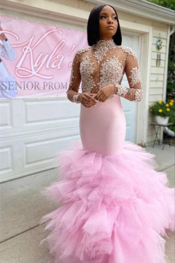 Pink Long Sleeves Prom Dress Mermaid Tulle Ruffles With Appliques