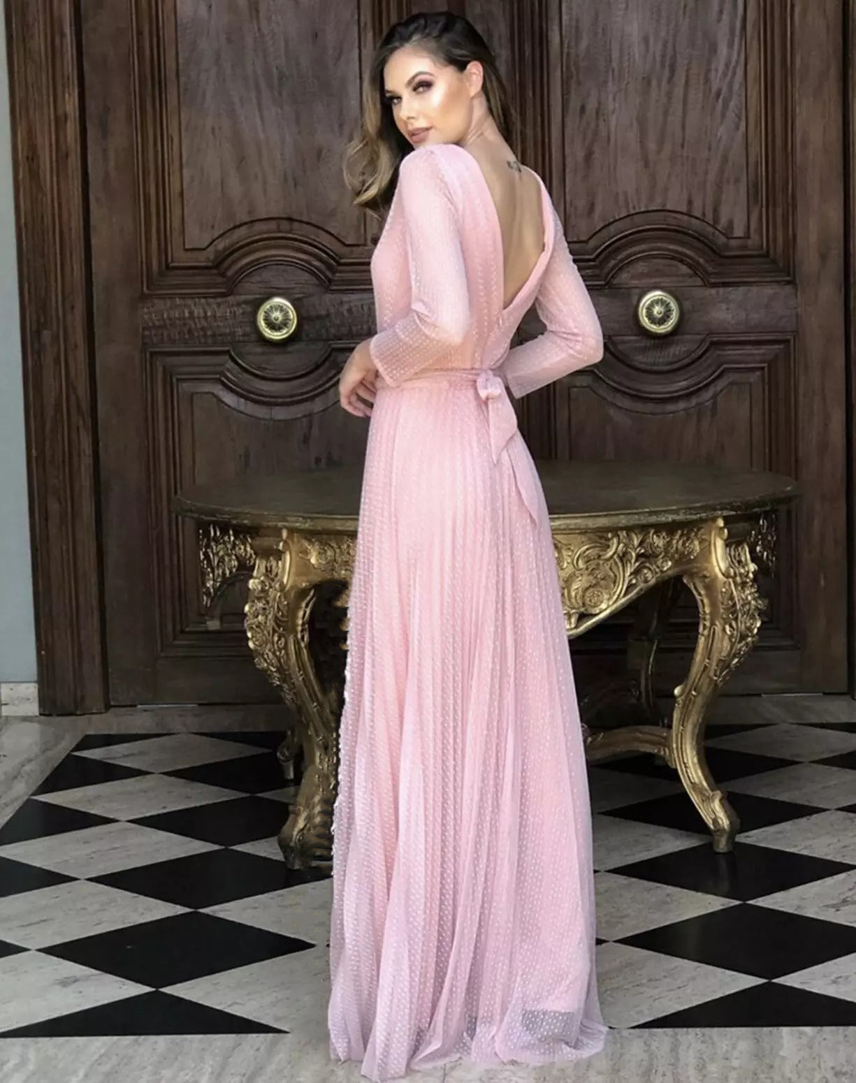 Pink Long Sleeves Prom Dress Tulle Long Holiday Party Dress