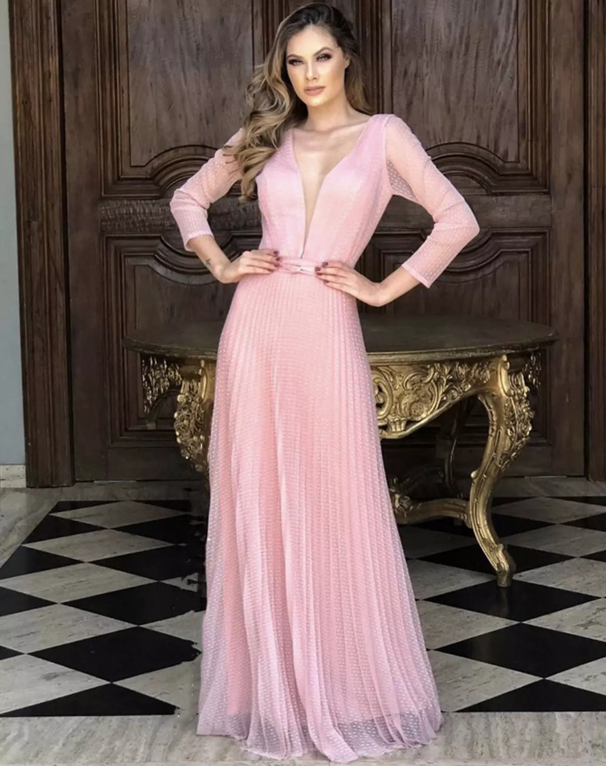 Pink Long Sleeves Prom Dress Tulle Long Holiday Party Dress