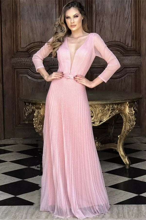 Pink Long Sleeves Prom Dress Tulle Long Holiday Party Dress